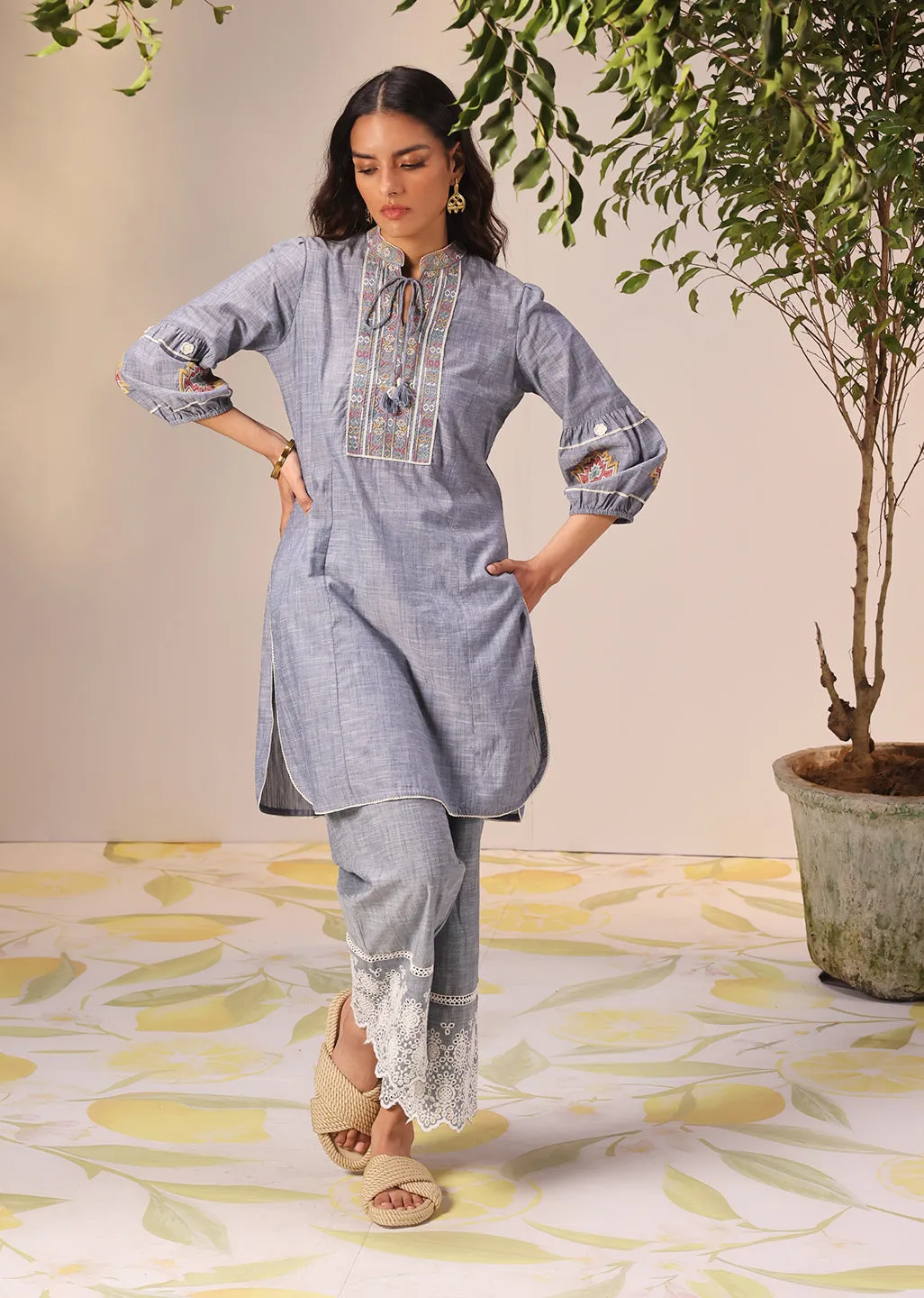 Nighat Blue Denim Embroidered Kurti for Women