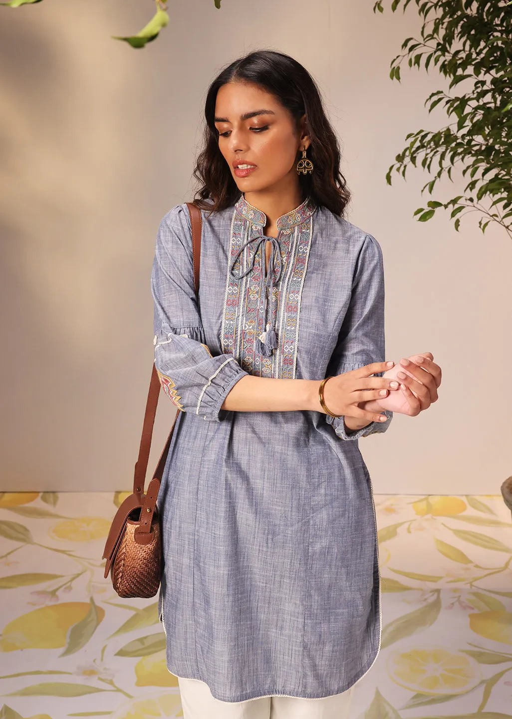 Nighat Blue Denim Embroidered Kurti for Women