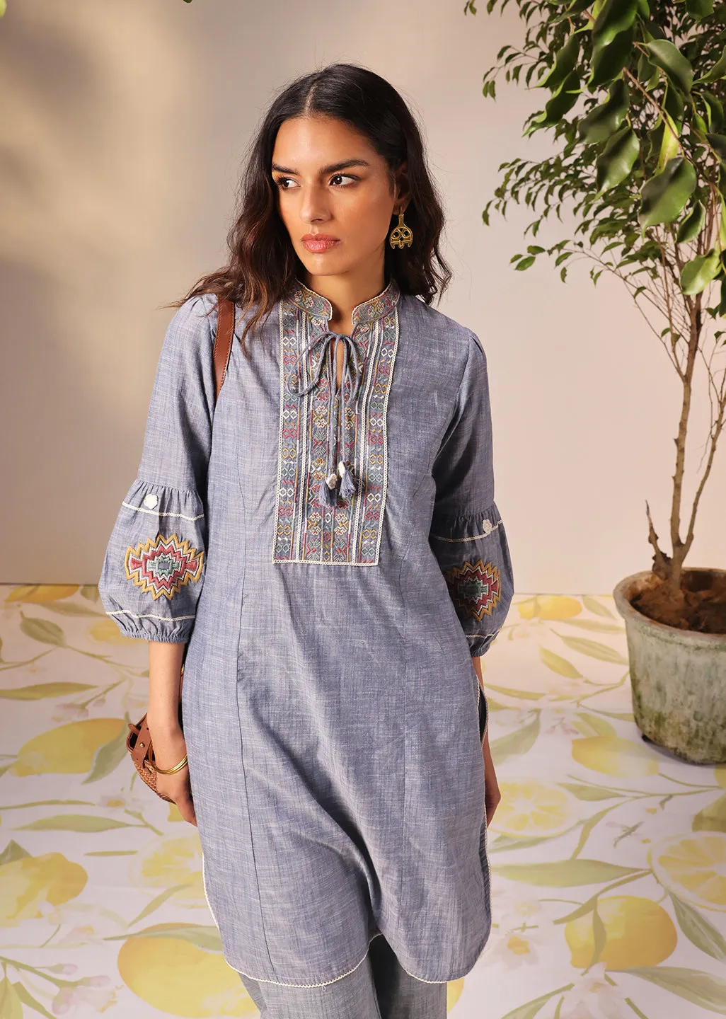 Nighat Blue Denim Embroidered Kurti for Women