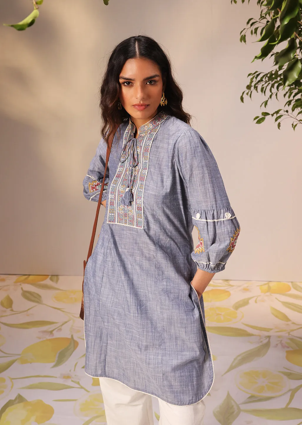 Nighat Blue Denim Embroidered Kurti for Women