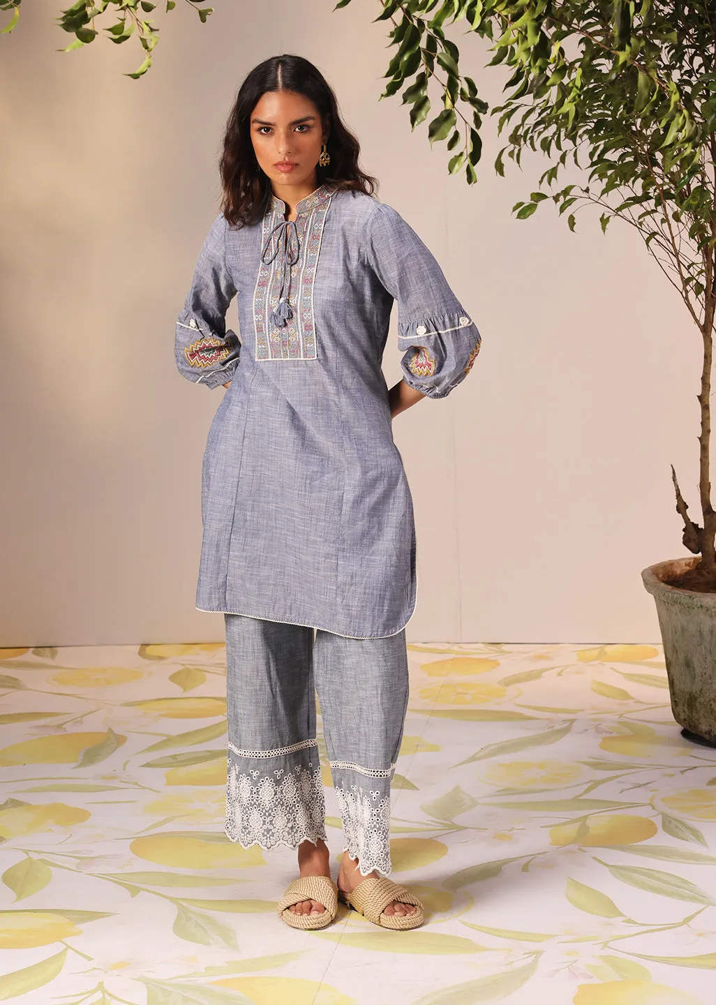 Nighat Blue Denim Embroidered Kurti for Women