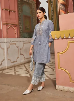 Nighat Blue Denim Embroidered Kurti for Women