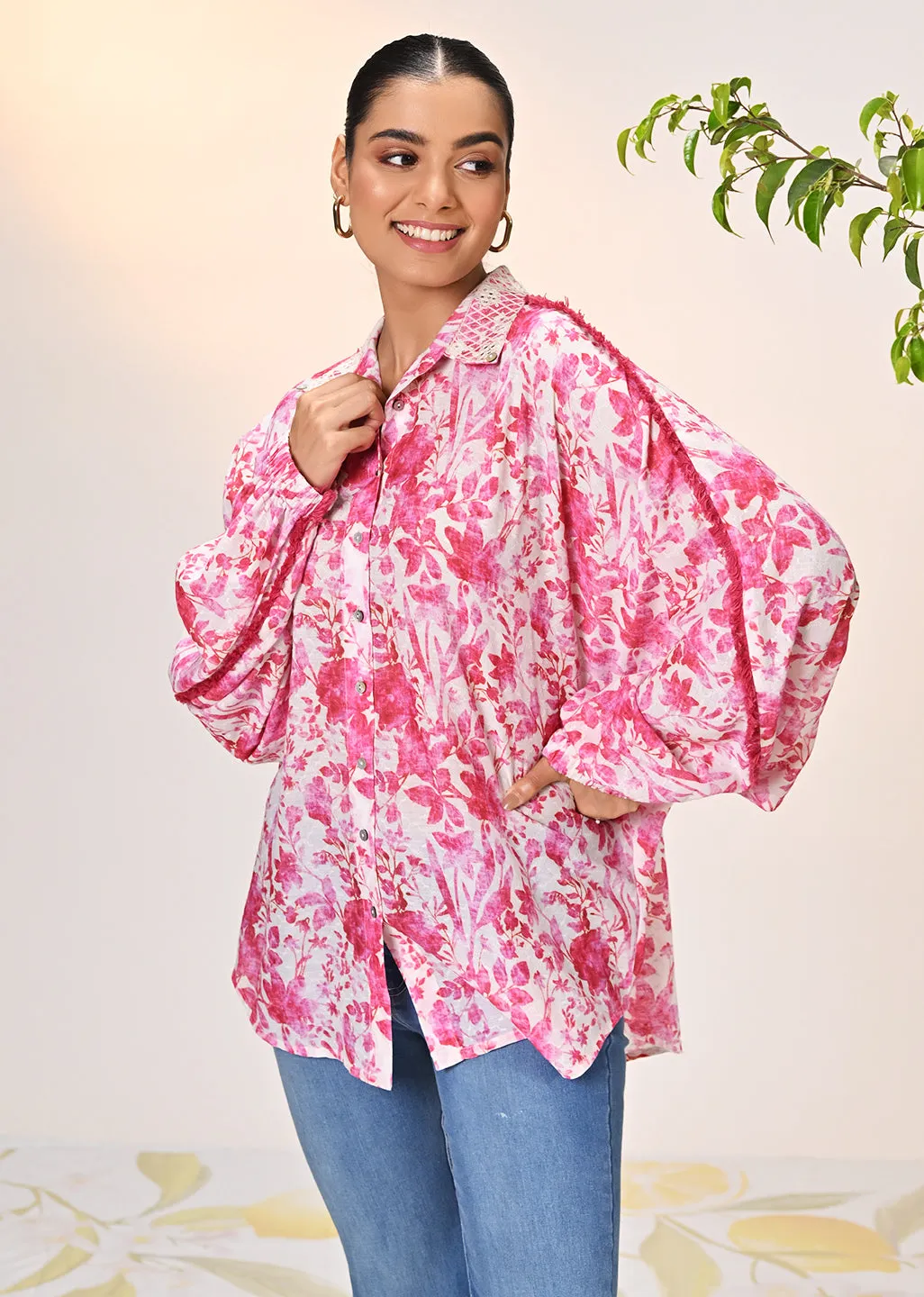 Noora Rouge Pink Printed Cotton Shirt for Women