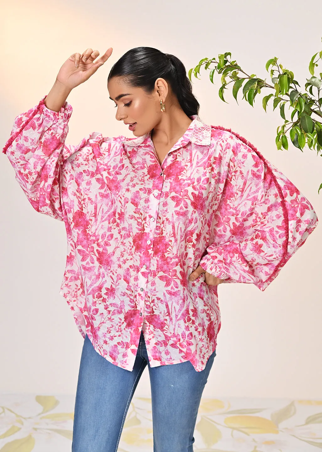 Noora Rouge Pink Printed Cotton Shirt for Women