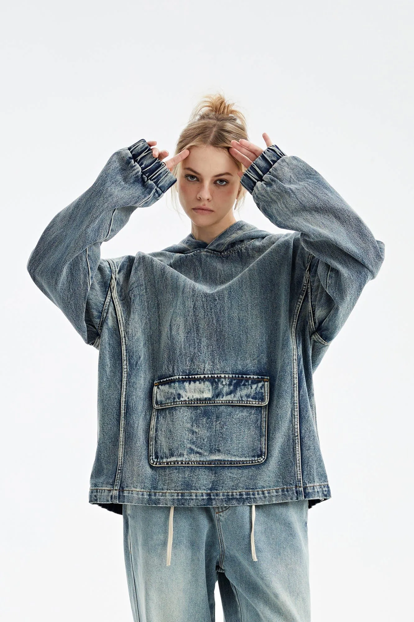 Oversized Denim Hoodie with Front Pocket