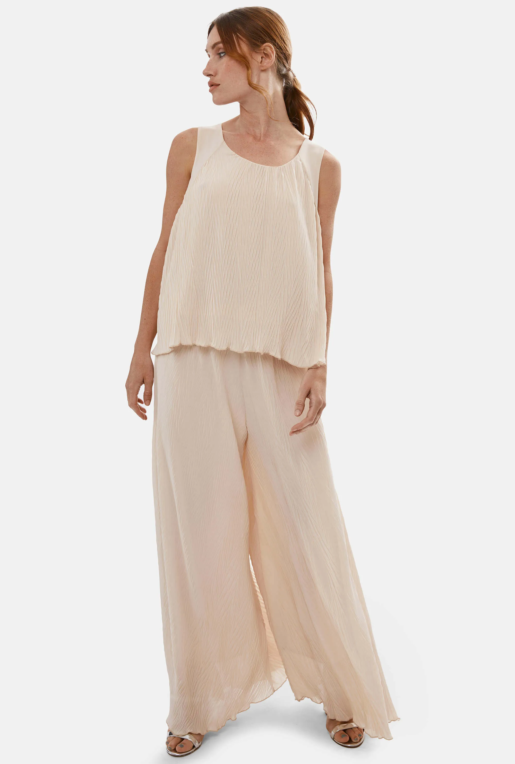 Pleated Cropped Trousers Beige