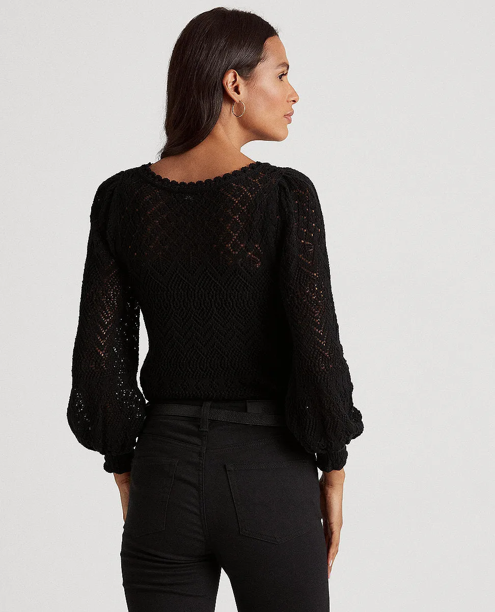 Puff-Sleeve Pointelle Sweater In Black