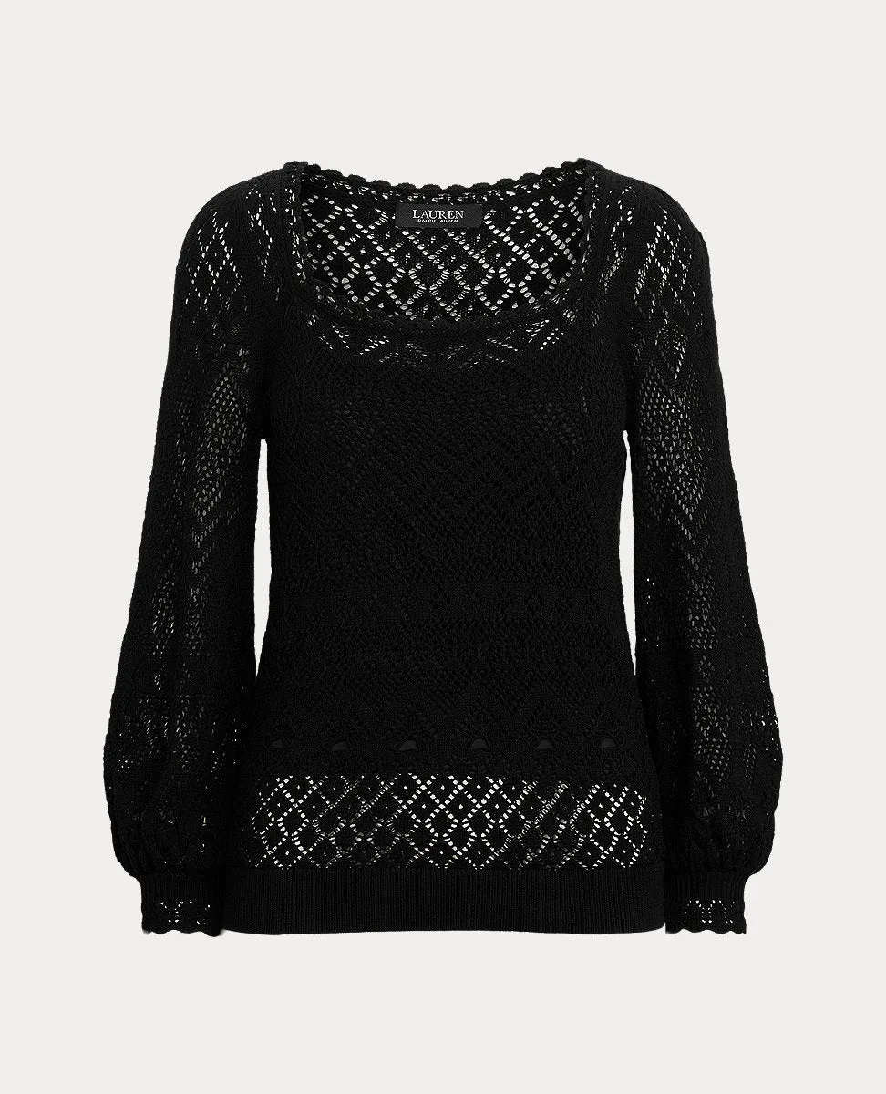 Puff-Sleeve Pointelle Sweater In Black