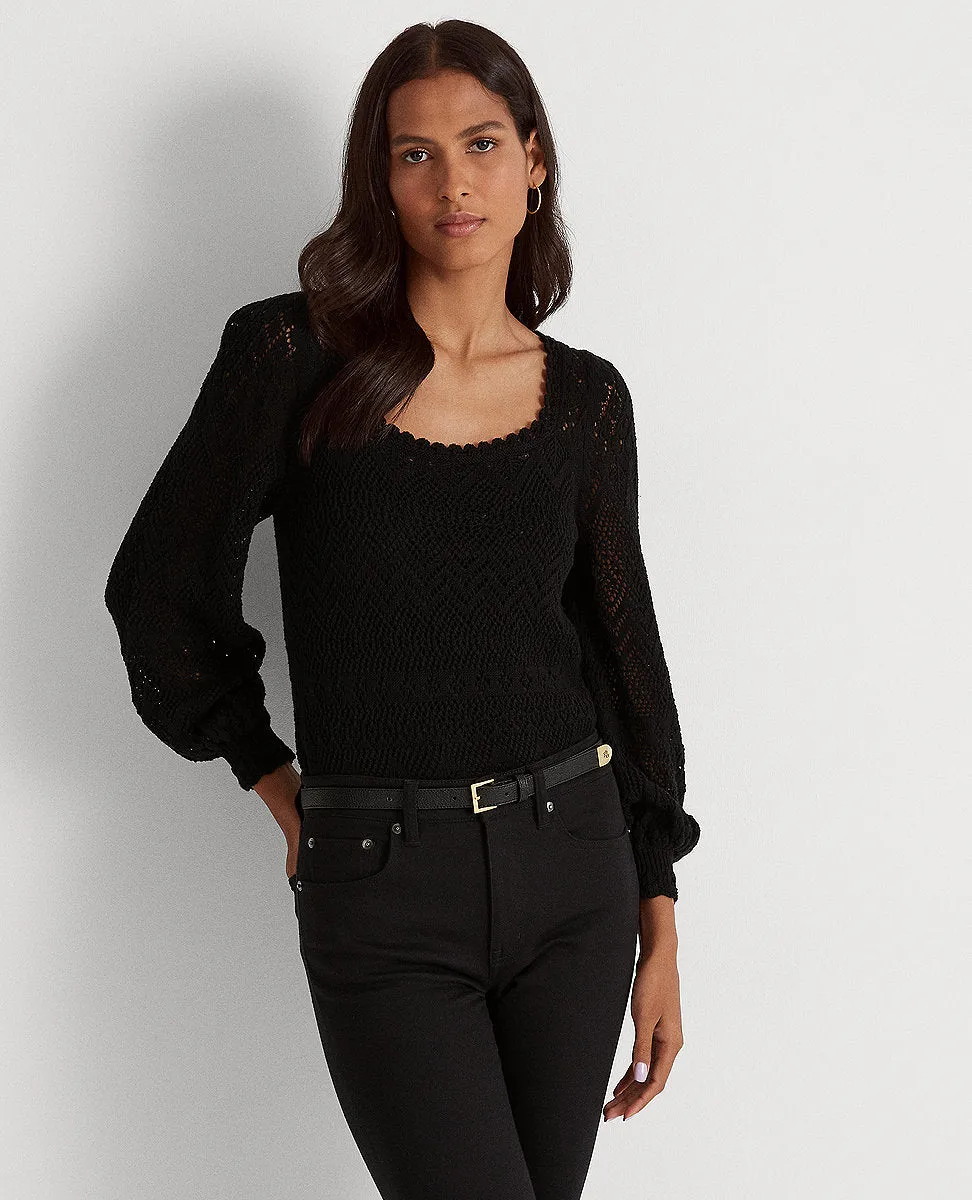 Puff-Sleeve Pointelle Sweater In Black