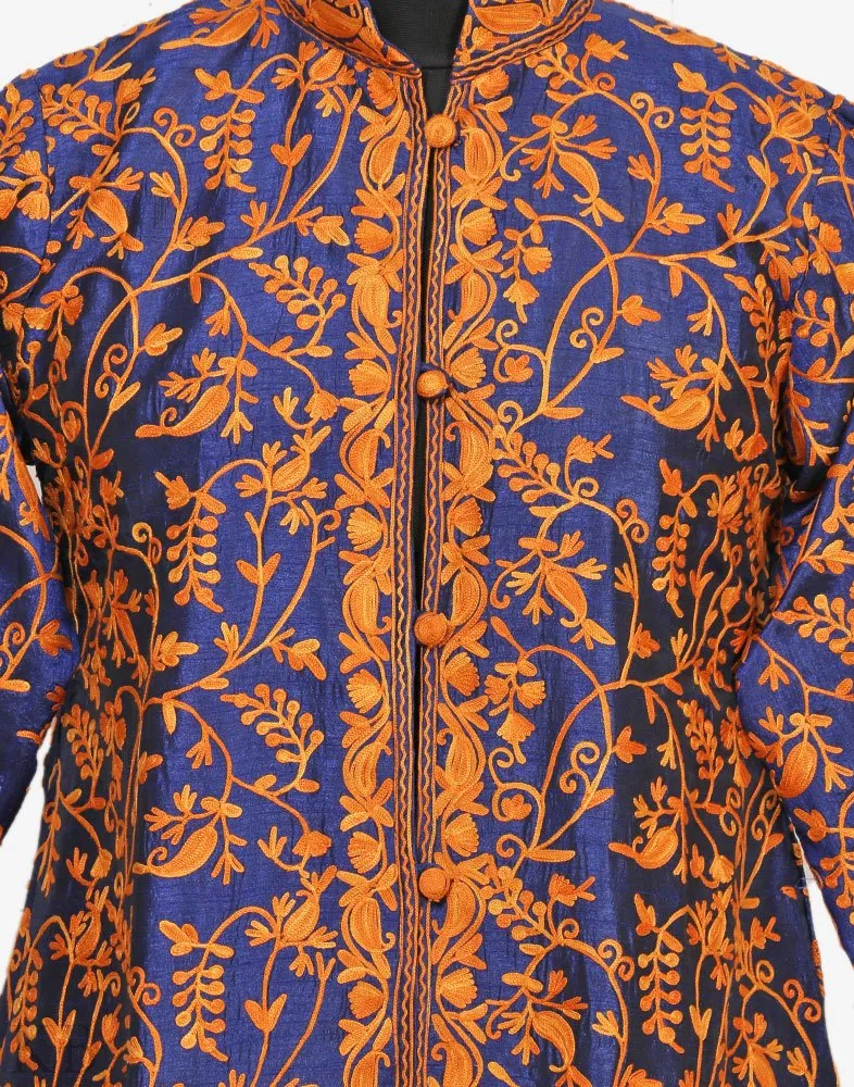 Royal Blue Aari Embroidered Silk Jacket