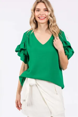 Ruffled Short Sleeve V-Neck Blouse