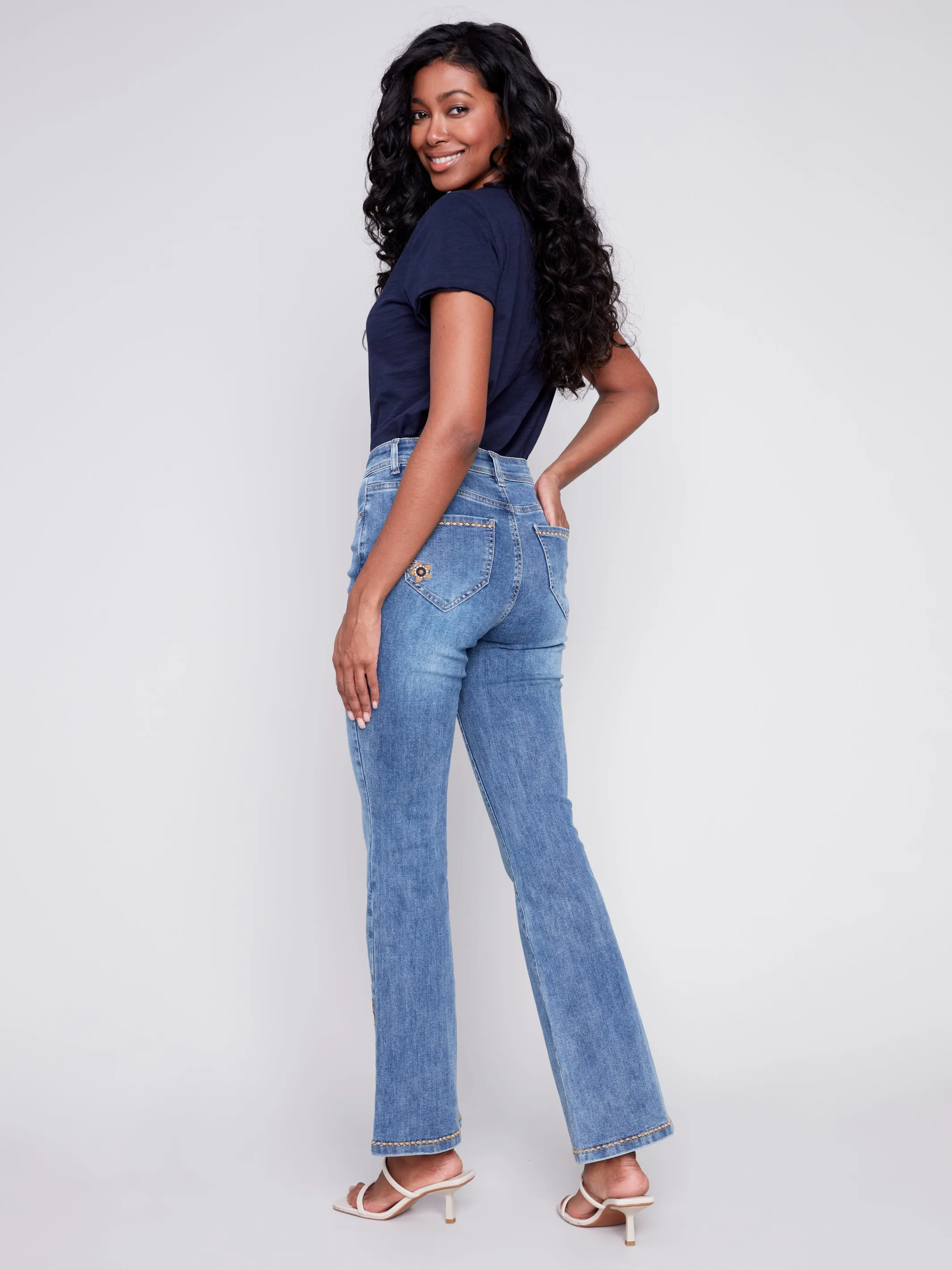 Slit Bell Bottom Jeans with Embroidered Slit