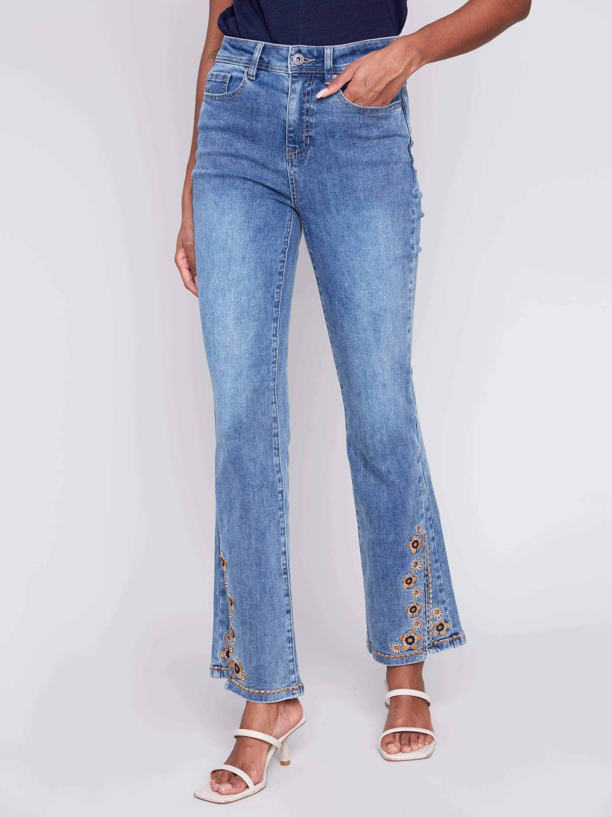 Slit Bell Bottom Jeans with Embroidered Slit