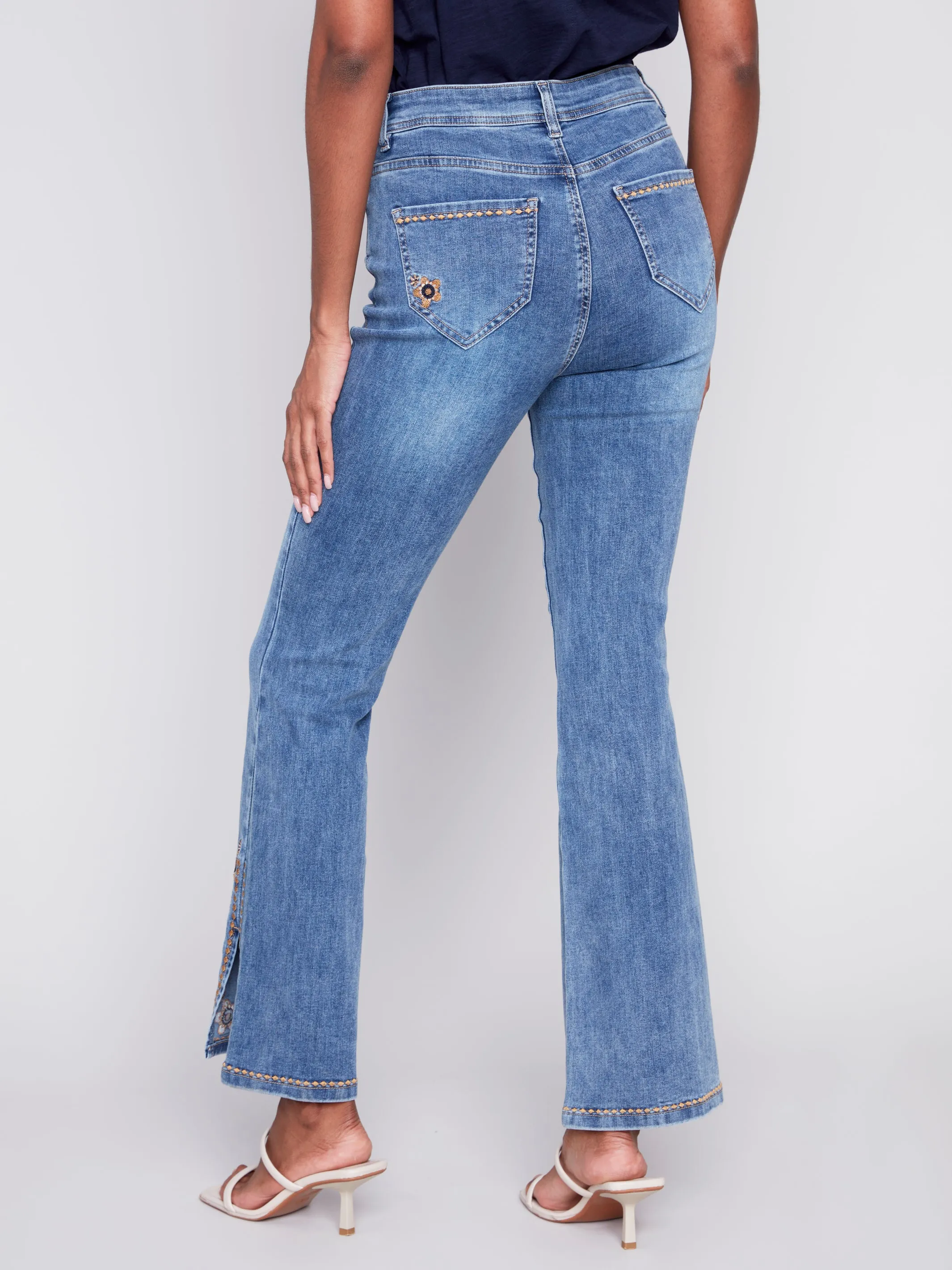 Slit Bell Bottom Jeans with Embroidered Slit