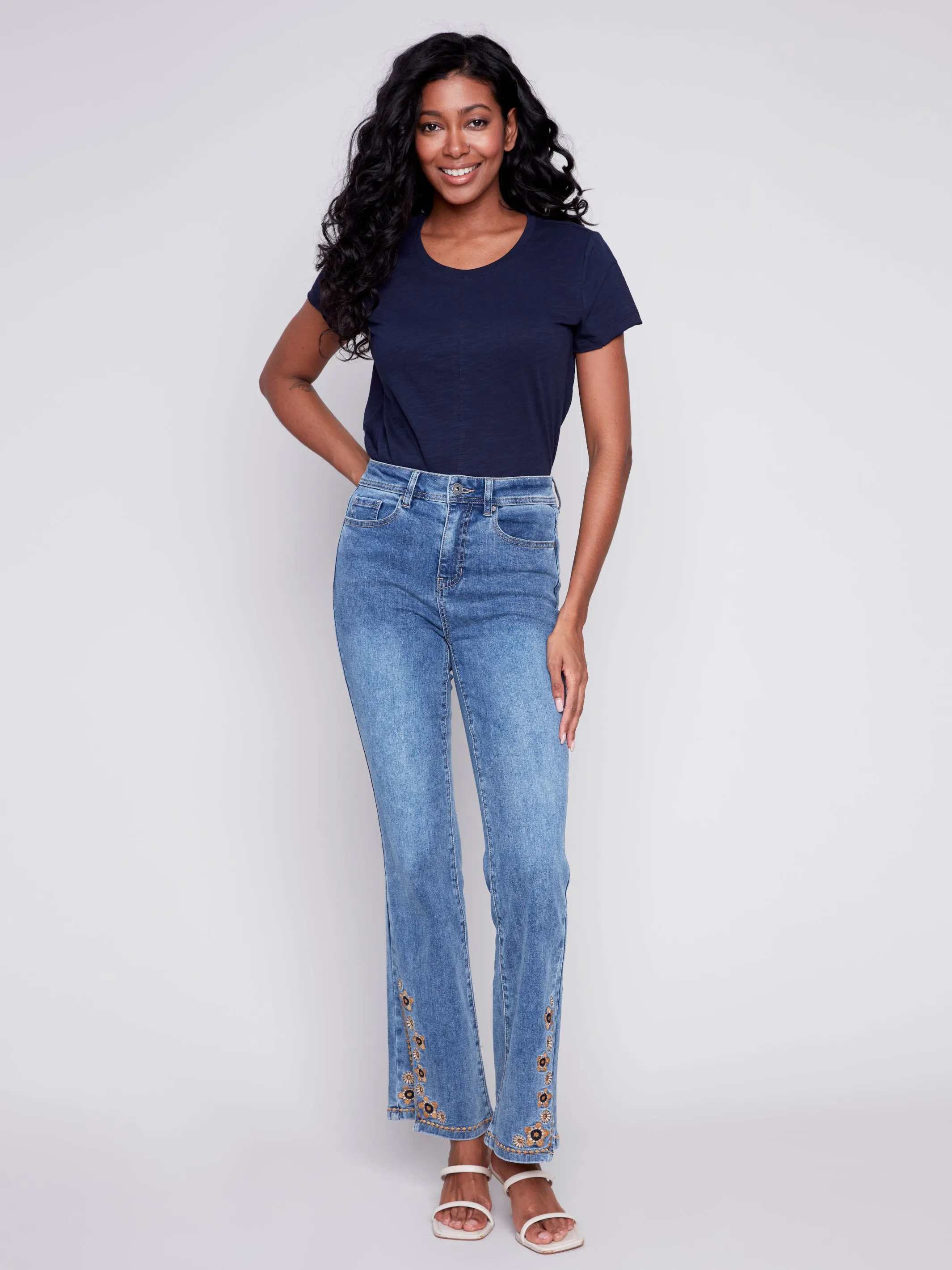 Slit Bell Bottom Jeans with Embroidered Slit