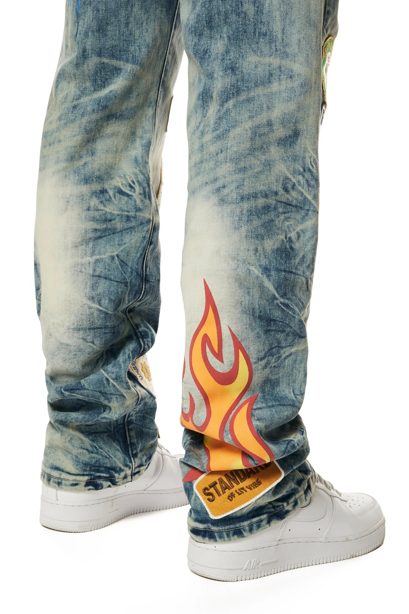 Smoke Rise Men's Multi Embroidered Patched Retro Denim Jeans