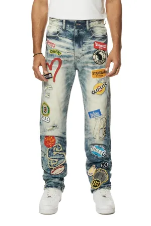 Smoke Rise Men's Multi Embroidered Patched Retro Denim Jeans