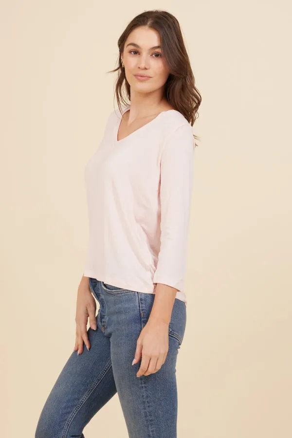 Soft Touch 3/4 Sleeve Pleat Back V-Neck in Powder