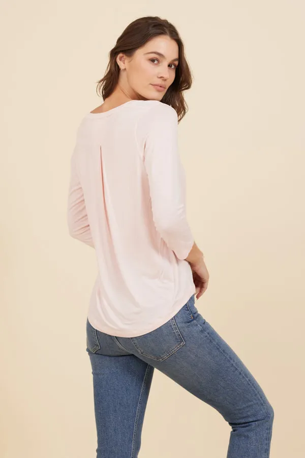 Soft Touch 3/4 Sleeve Pleat Back V-Neck in Powder