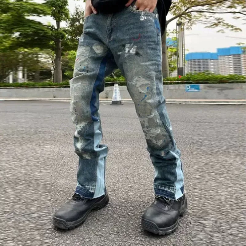 Splashing Ink Micro Horn Deconstruction Stitching Jeans