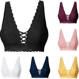 Summer V-neck Sleeveless Crop Tops Causal Women Lightweight Stretchy Floral Lace Lingeries Criss Cross Bralette Top