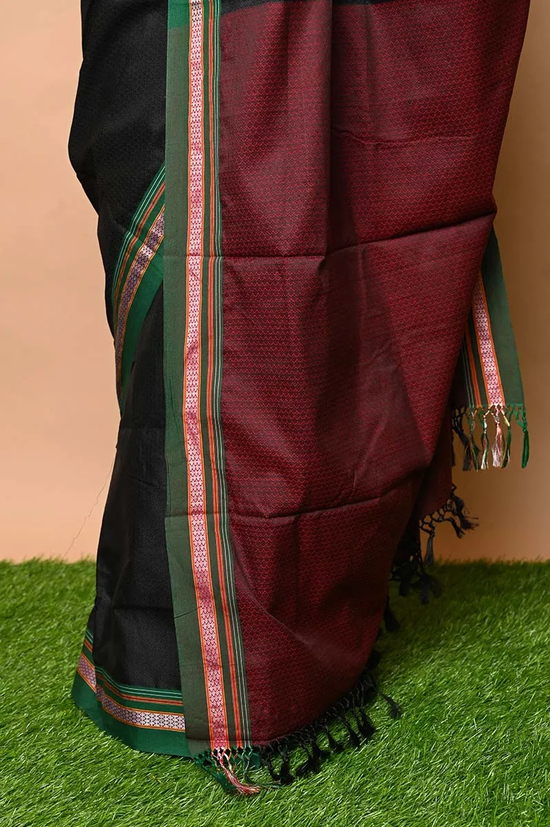 Traditional Khun Saree – Cotton Resham Authentic Handwoven Saree, Black with Green Border