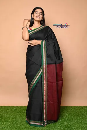 Traditional Khun Saree – Cotton Resham Authentic Handwoven Saree, Black with Green Border