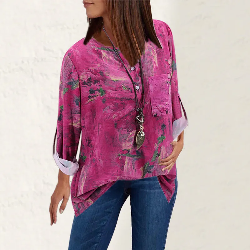 V-neck vintage print loose long sleeve shirt