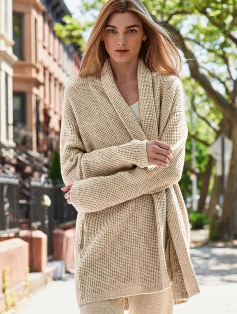 White   Warren - Cashmere Blend Waffle Coatigan in Sand Heather