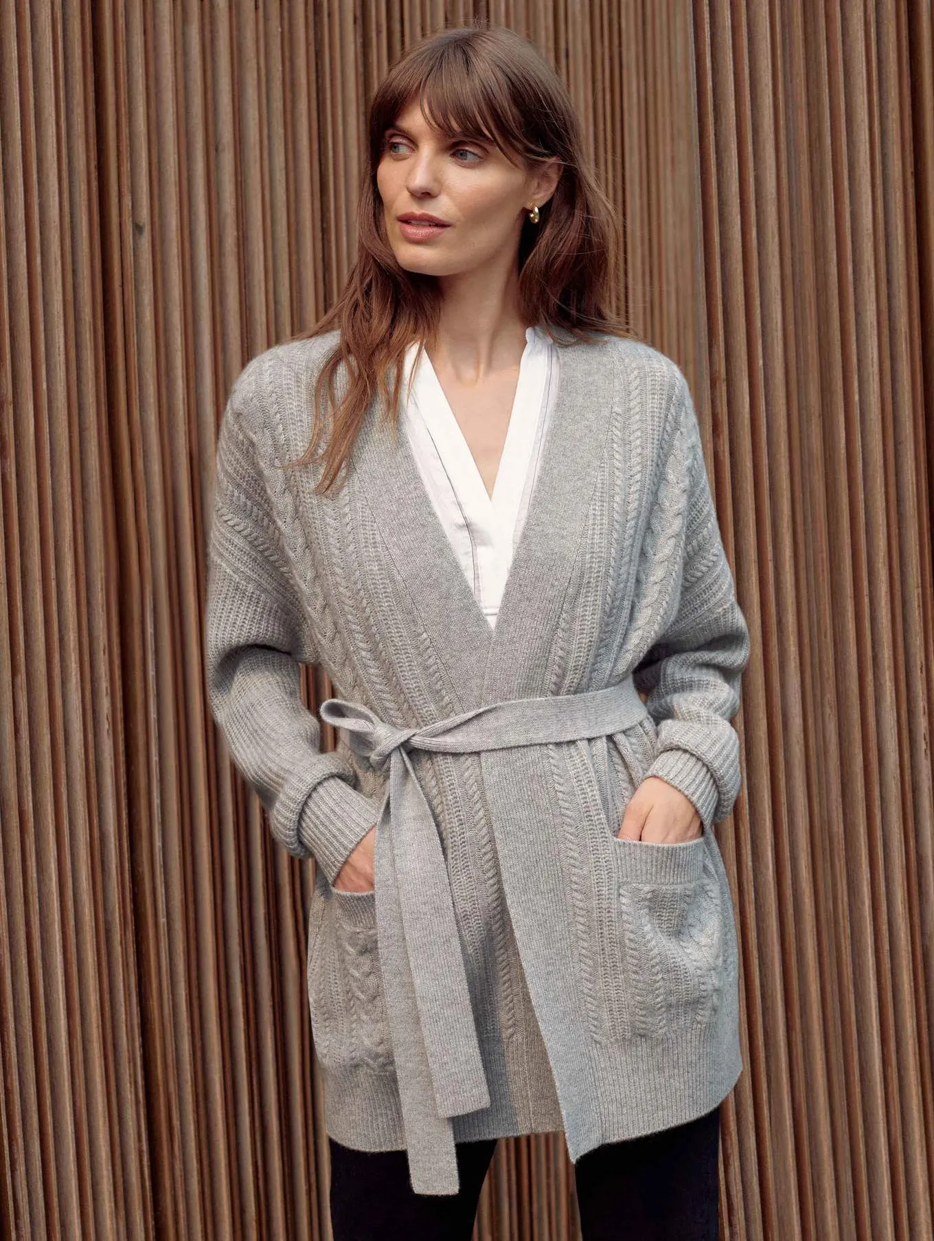 White   Warren - Recycled Cashmere Luxe Cable Cardigan in Grey Heather