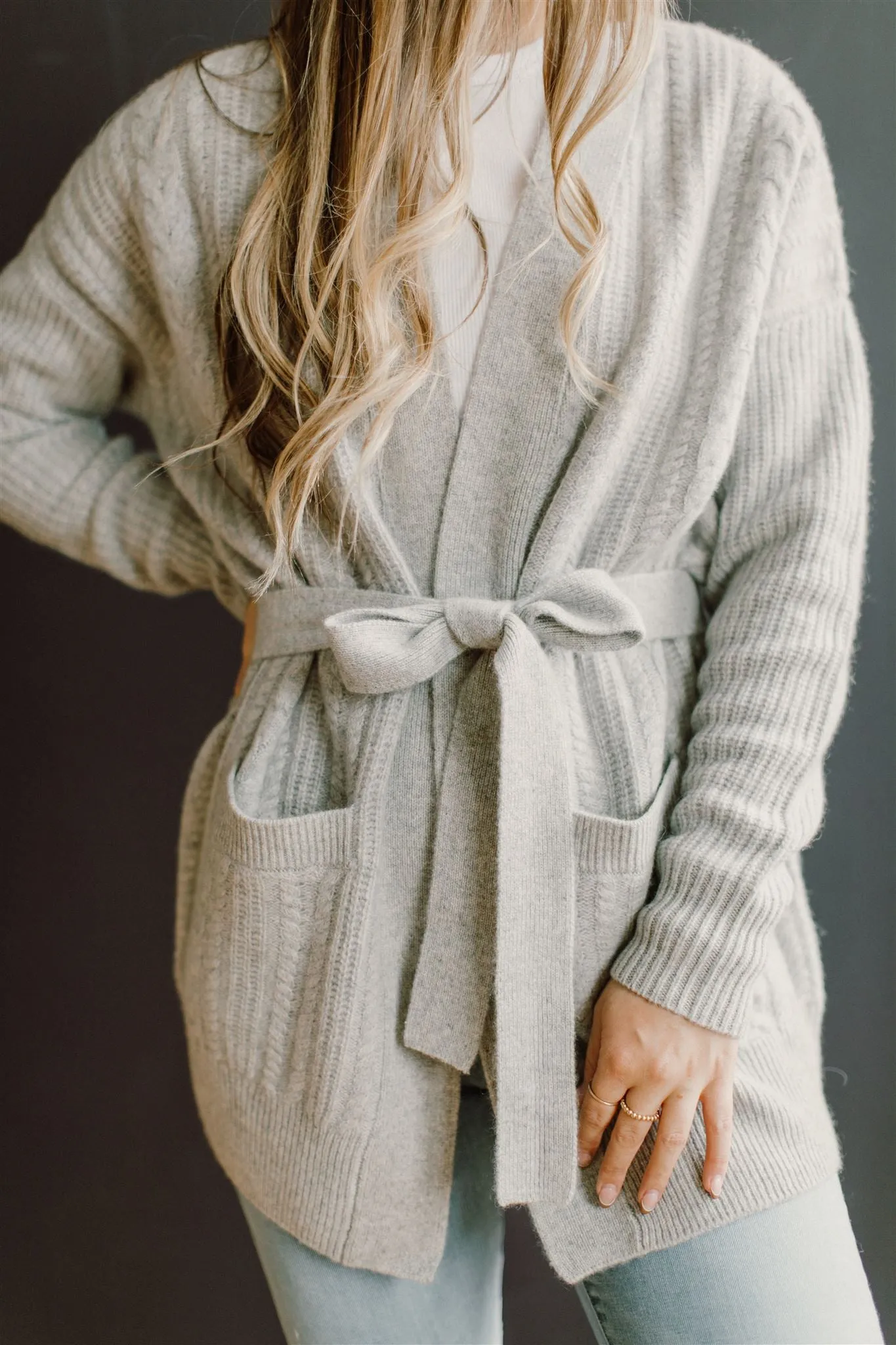 White   Warren - Recycled Cashmere Luxe Cable Cardigan in Grey Heather