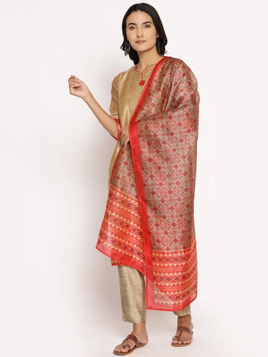 Women Beige Geometrical Printed Kurta Trouser Dupatta