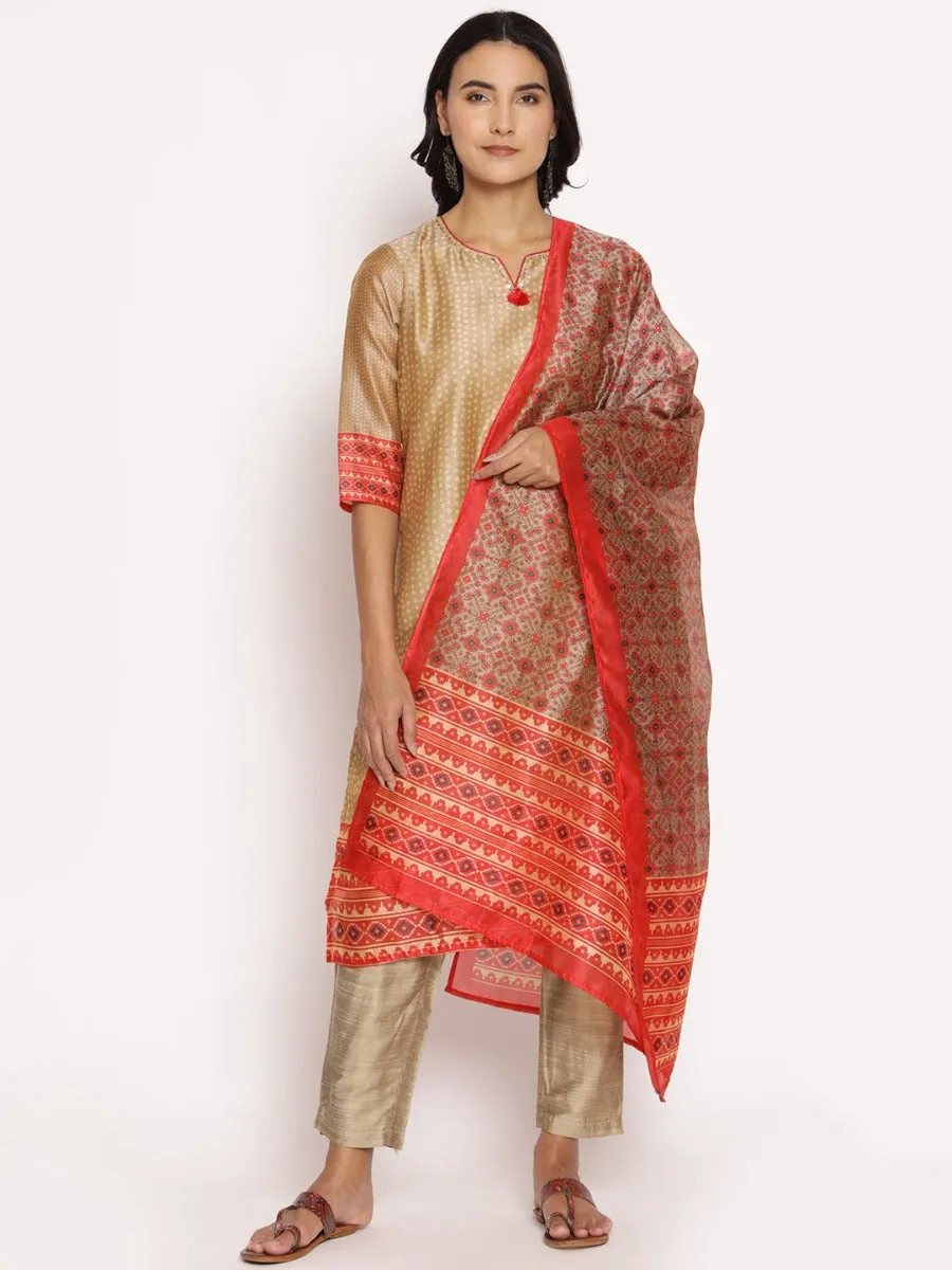 Women Beige Geometrical Printed Kurta Trouser Dupatta