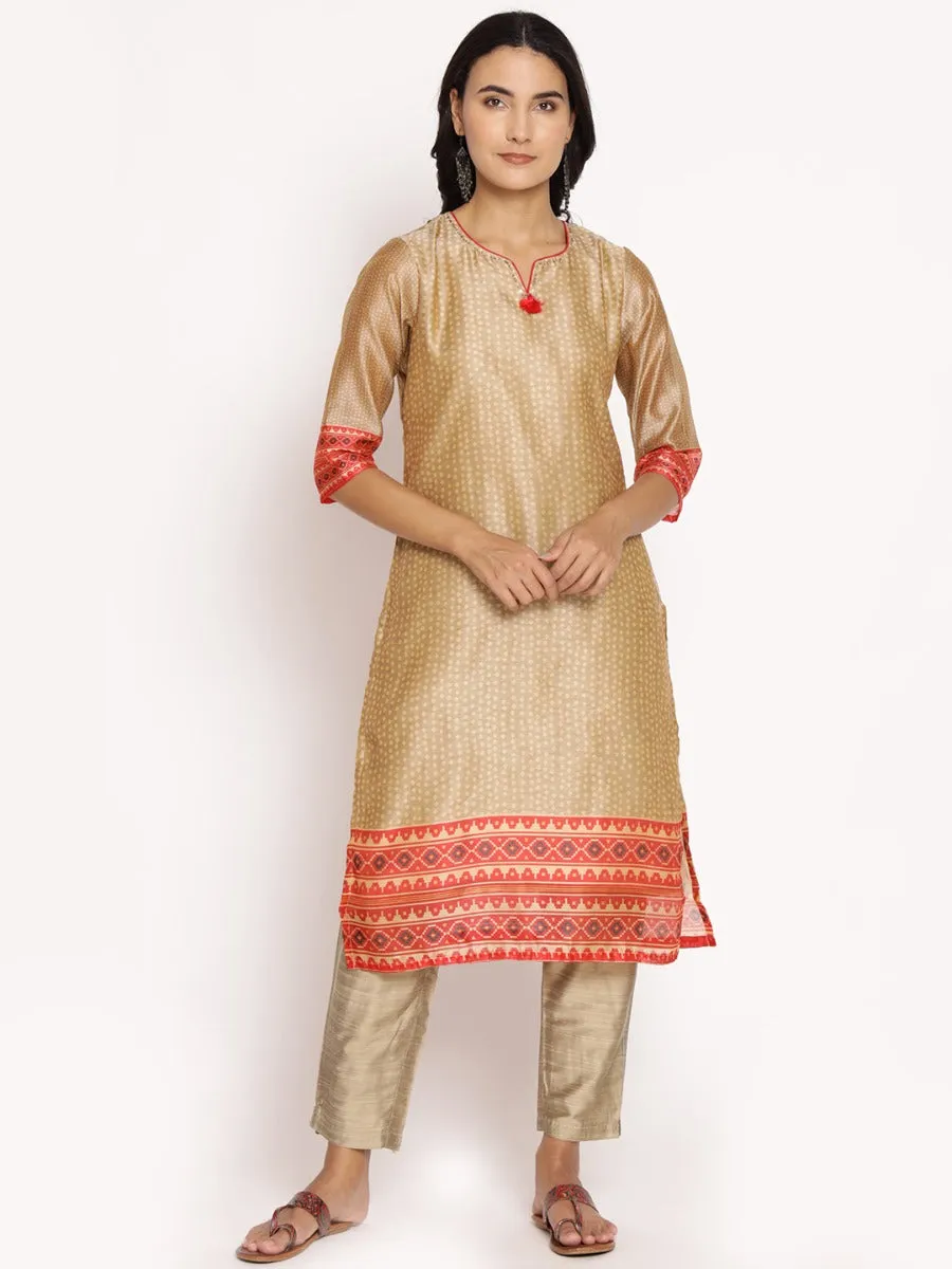 Women Beige Geometrical Printed Kurta Trouser Dupatta