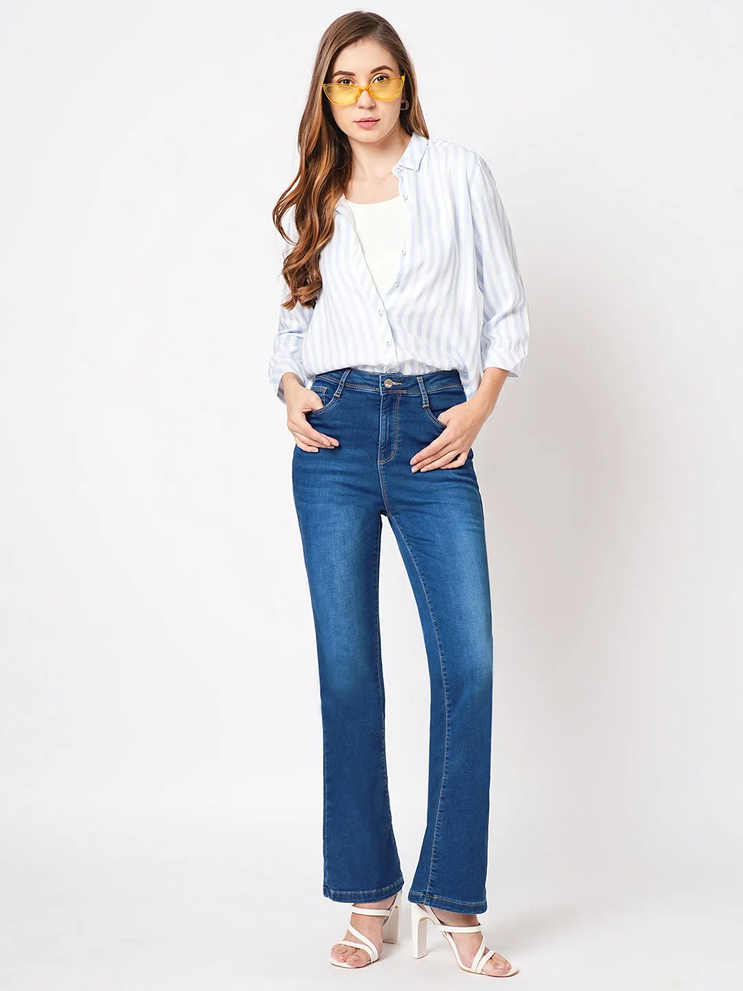 Women High-Rise Mini Flare Jeans