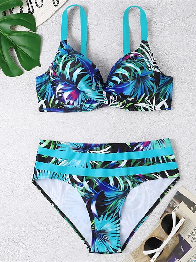 Women's Swimwear Bikini 2 Piece Normal Swimsuit Backless Push Up Printing High Waisted Leaf Blue V Wire Bathing Suits New Vacation Sexy / Modern