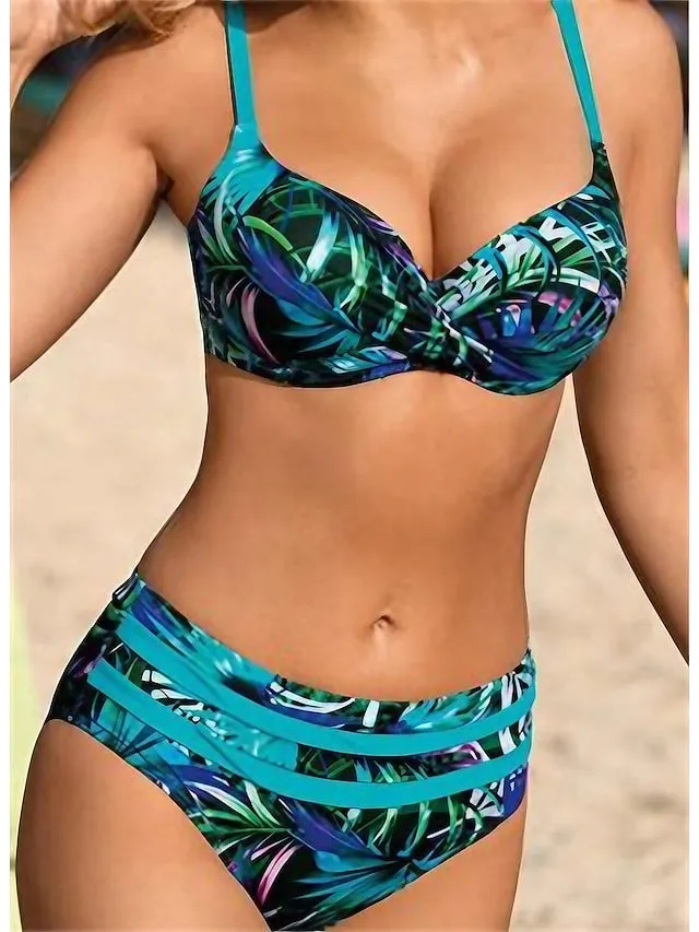 Women's Swimwear Bikini 2 Piece Normal Swimsuit Backless Push Up Printing High Waisted Leaf Blue V Wire Bathing Suits New Vacation Sexy / Modern