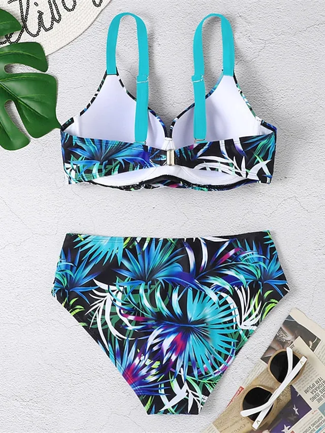 Women's Swimwear Bikini 2 Piece Normal Swimsuit Backless Push Up Printing High Waisted Leaf Blue V Wire Bathing Suits New Vacation Sexy / Modern