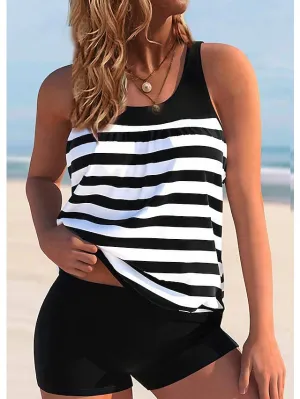 Women's Swimwear Tankini 2 Piece Normal Swimsuit 2 Piece Printing Striped White Green Tank Top High Neck Bathing Suits Sports Beach Wear Summer